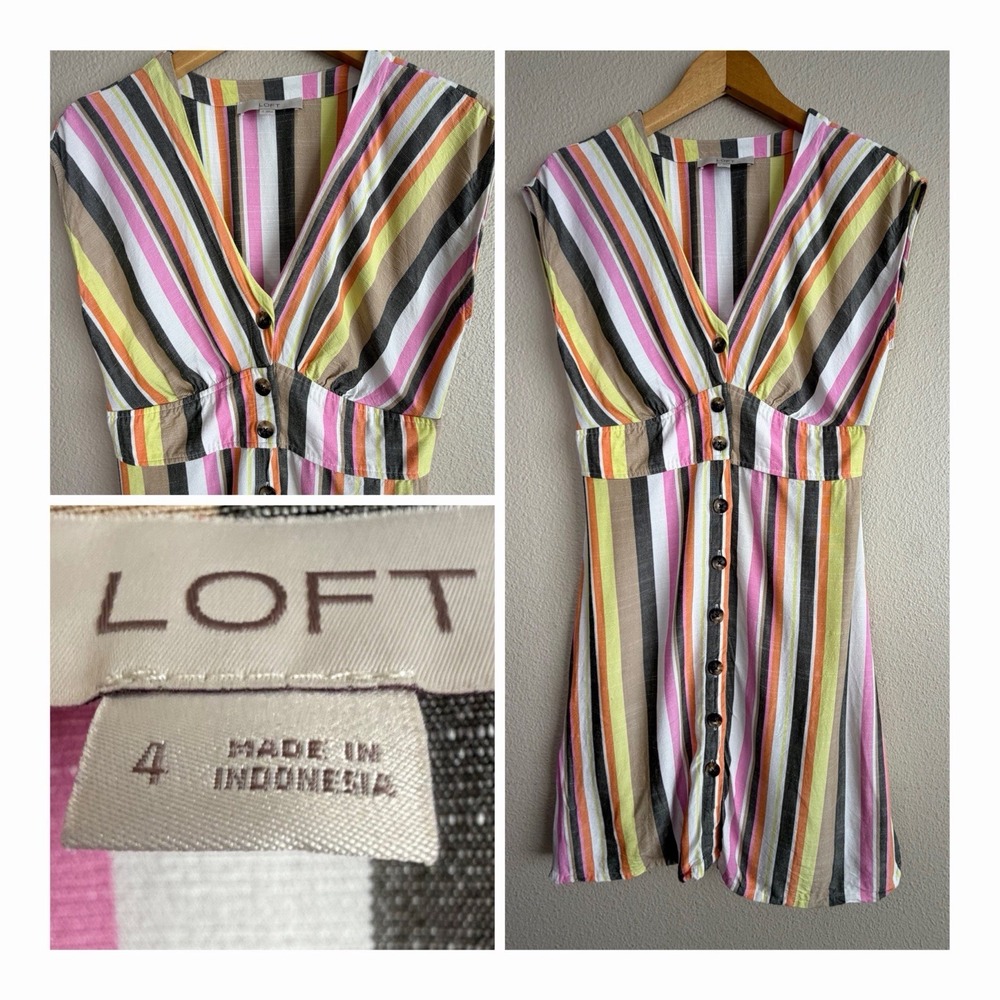 LOFT Striped Button Front Dress V-Neck 4 M Regular Viscose Summer Sundress Boho